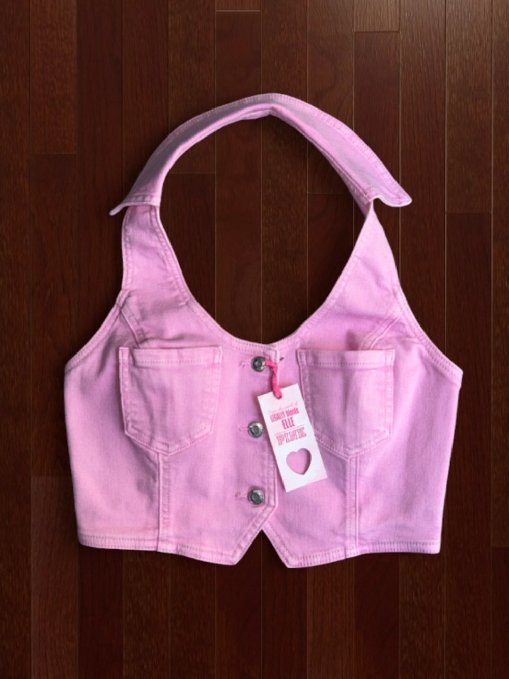 🆕🎀 Elle Denim Halter Crop Top Lollipop PINK Victoria’s Secret Small NWT🍭